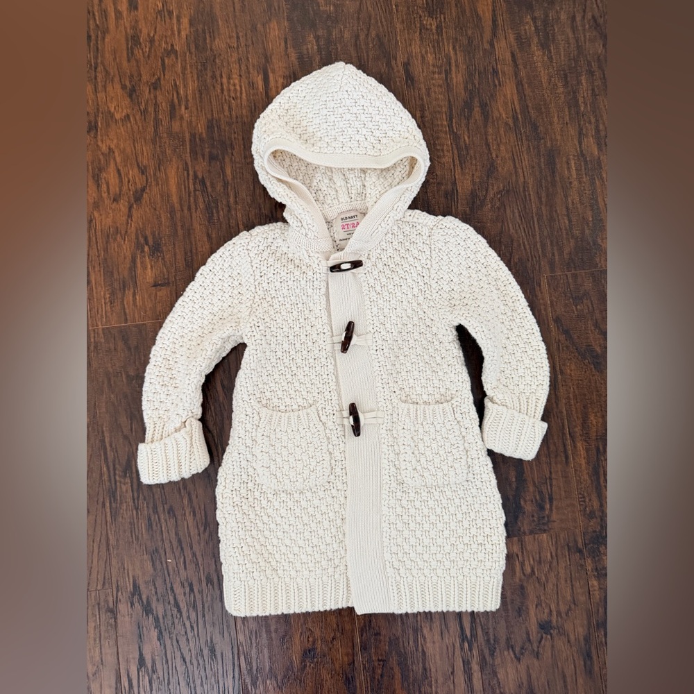 Old Navy Cream Hooded Knit Cardigan with Toggle Buttons for Toddler Girls: 2T